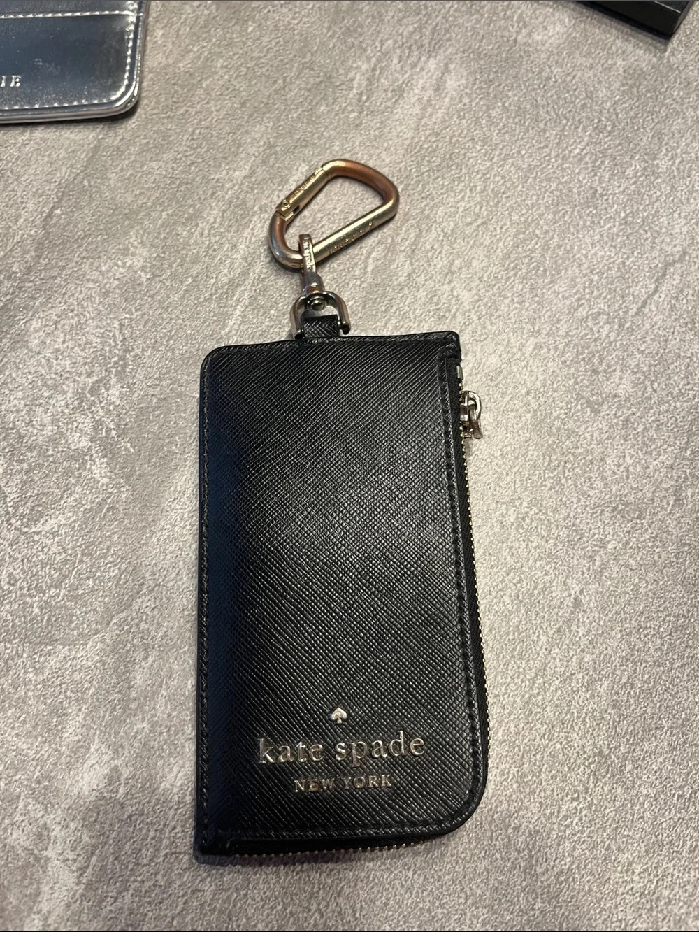 kate spade Black Saffiano Leather Zip Phone Pouch with Gold Carabiner